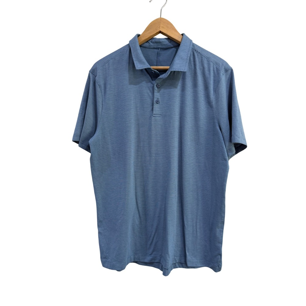 Lululemon Evolution Polo Shirt Mens Blue White Stripe Short Sleeve Golf Sz L